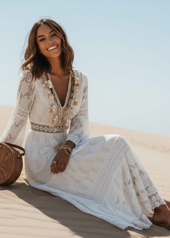 Woman in a white Mendez lace dress sitting on sand with a clear blue sky.