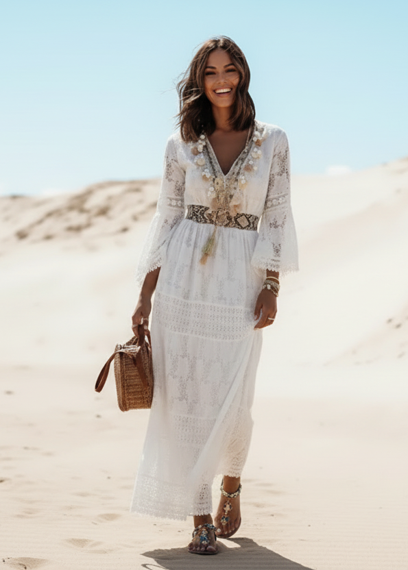 Woman in a white Mendez dress walking on sand with a clear blue sky