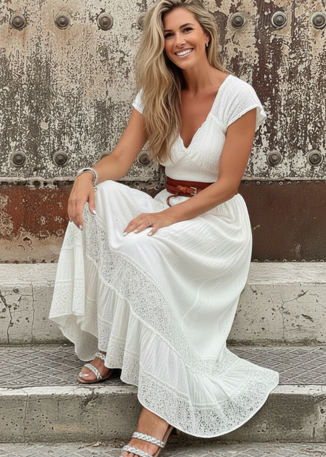 Woman in Naiya white dress sitting on steps with a textured wall background