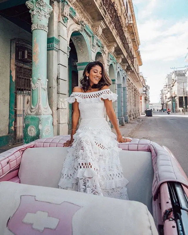 Alexa White Open Shoulder Carnival Dress - Villa Vibes Australia