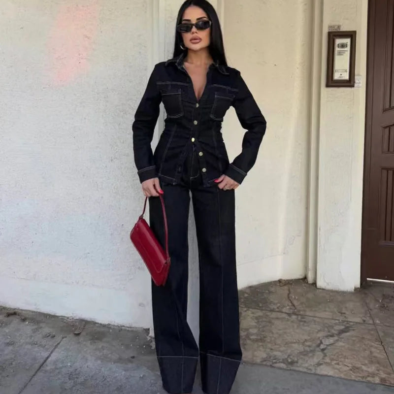 Chrissy Black Denim Pant Set