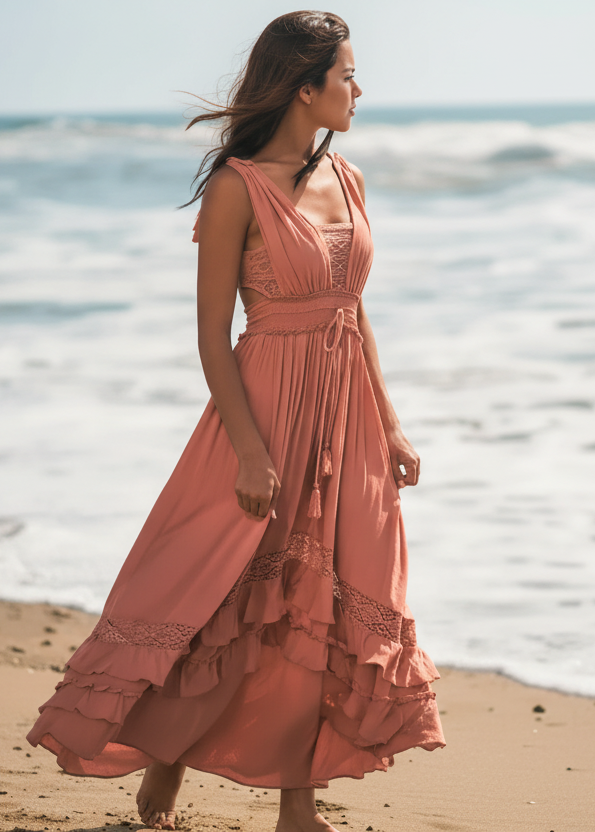 Woman in a pink Shakira dress standing on a beach with ocean in the background