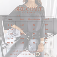 Size chart overlay on an image of a person wearing a St Barts Black Lace Top with 'Villa Vibes' branding.