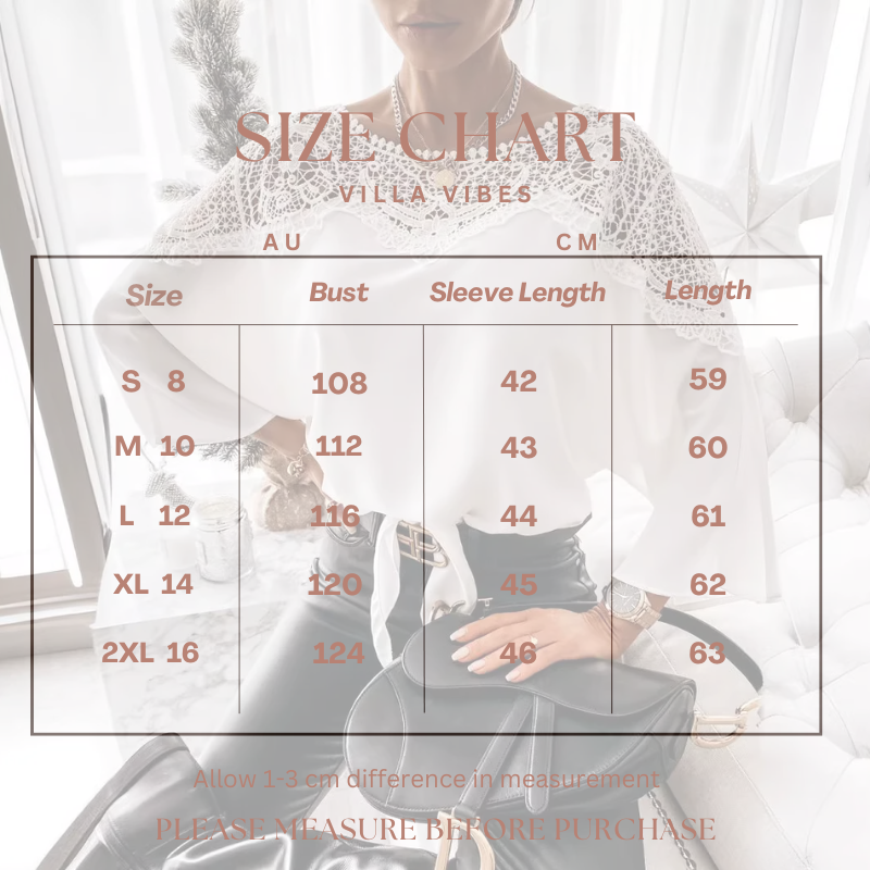 Size chart overlay on an image of a person wearing St Barts White Lace Top