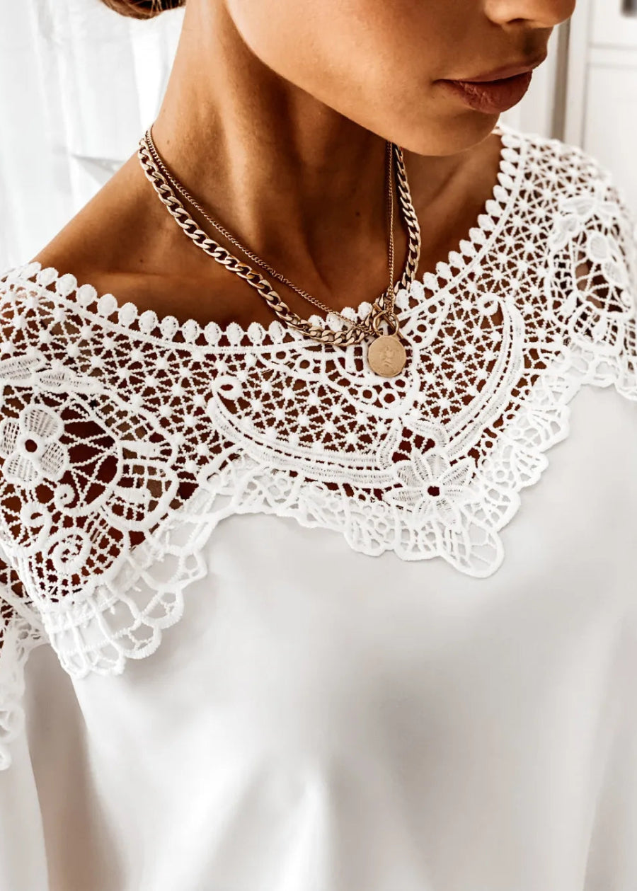 St Barts White Lace Top with lace detailing and a necklace