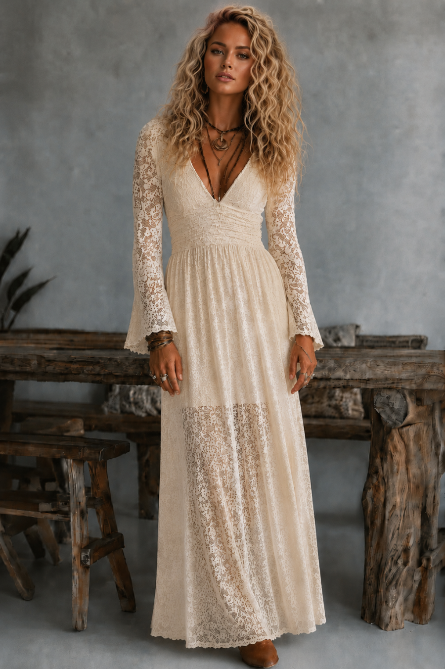Woman wearing a long, cream Tessa lace dress from Villa Vibes in a rustic setting.