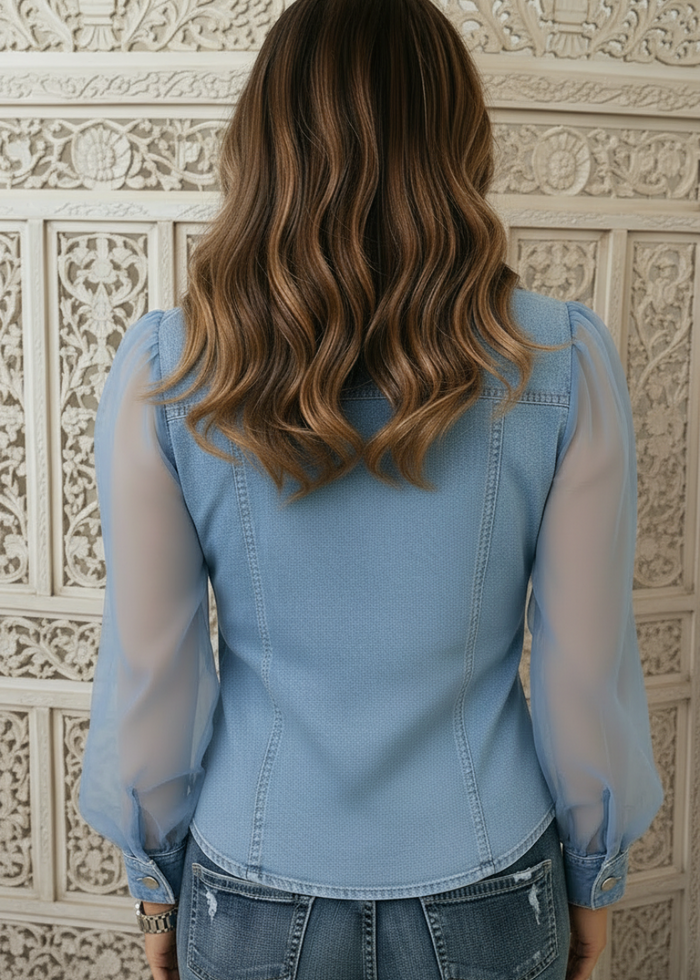 A woman viewed from behind wearing a Villa Vibes Trista light blue denim top with sheer long sleeves and blue jeans, standing in front of an ornate carved white screen with a white statue on the right.