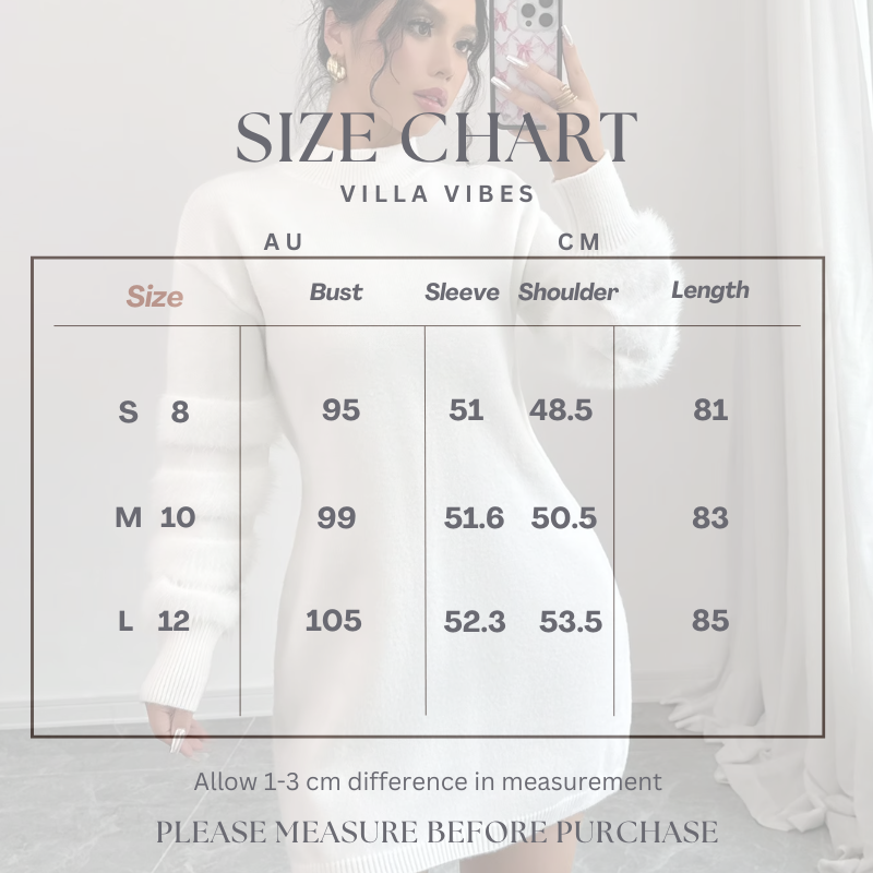 Size chart for a Villa Vibes Tanner garment with measurements in AU and CM, featuring a model wearing a white top.