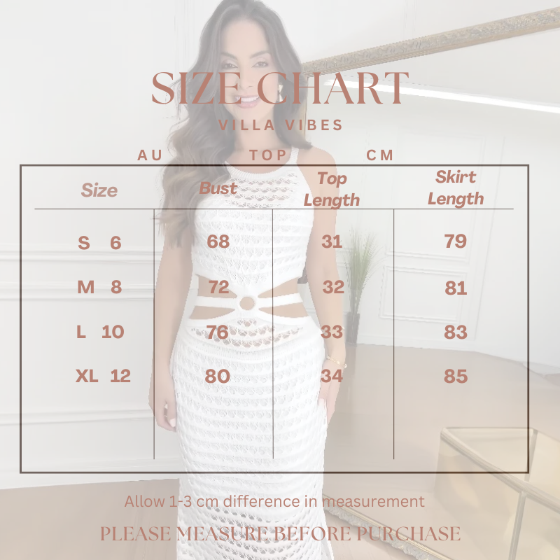 Size chart for a dress with measurements in AU, TOP, and CM, featuring a woman in Vienne Dress
