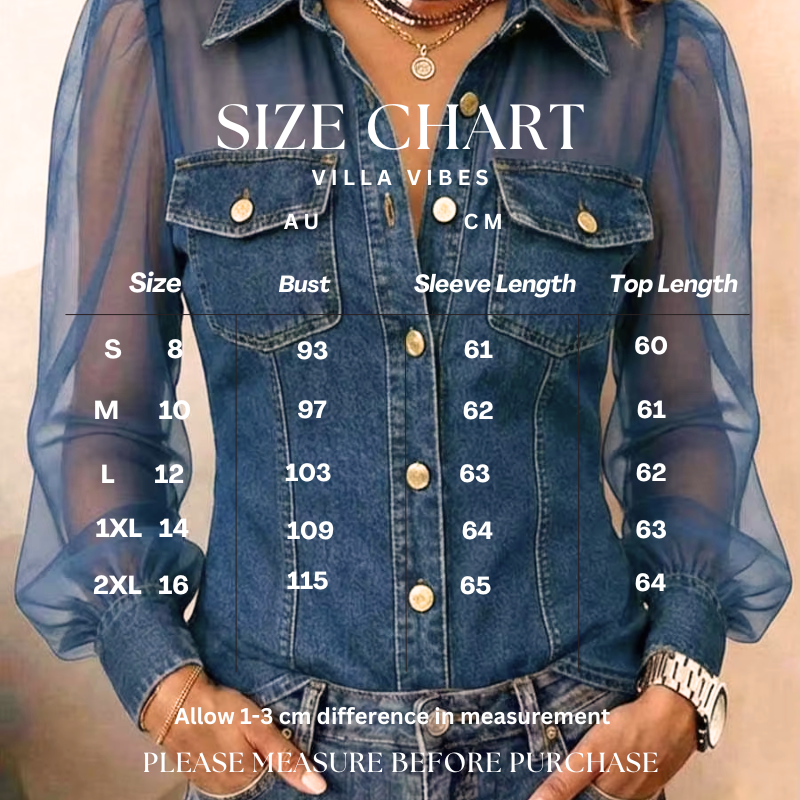 Villa Vibes Trista Denim shirt with size chart overlay on a plain background