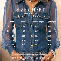 Villa Vibes Trista Denim shirt with size chart overlay on a plain background