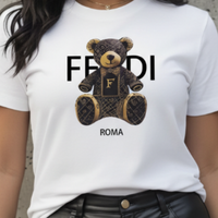 Villa Vibes Designer White t-shirt with a teddy bear graphic and 'Fendi' branding.