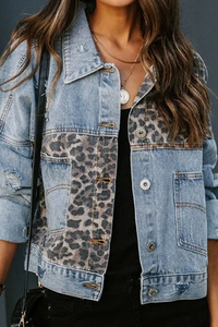 Villa Vibes Kia Denim Trucker jacket with leopard print pattern worn by a person