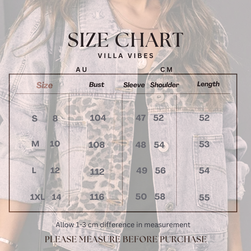 Size chart for a Villa Vibes Kia Denim Trucker Jacket with measurements in AU and CM, featuring 'Villa Vibes' branding.