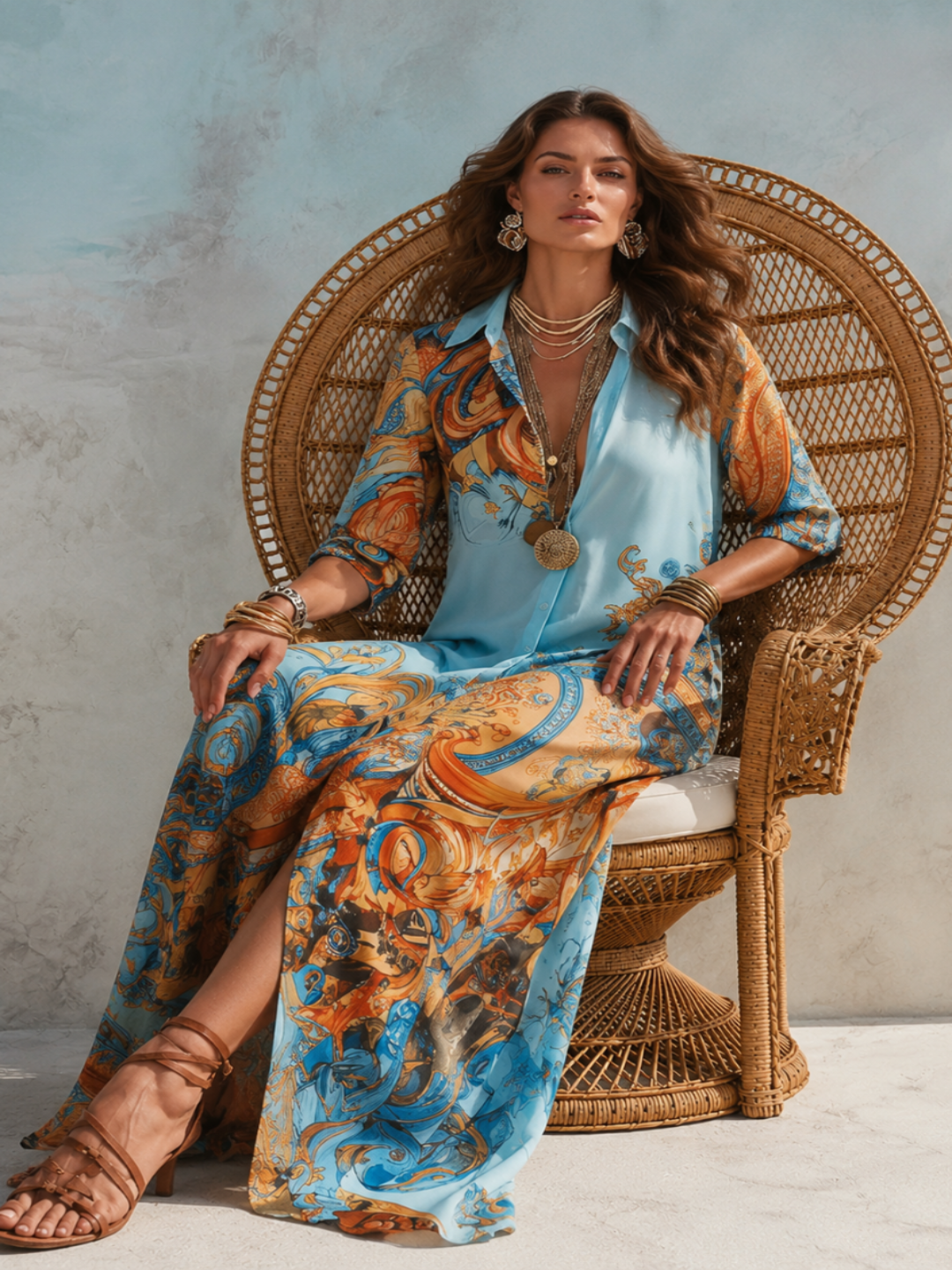 A woman models a Villa Vibes Alanna light blue shirt and matching wide-leg skirt set with an ornate gold and orange baroque print, seated in a large woven rattan peacock chair against a textured light blue wall.