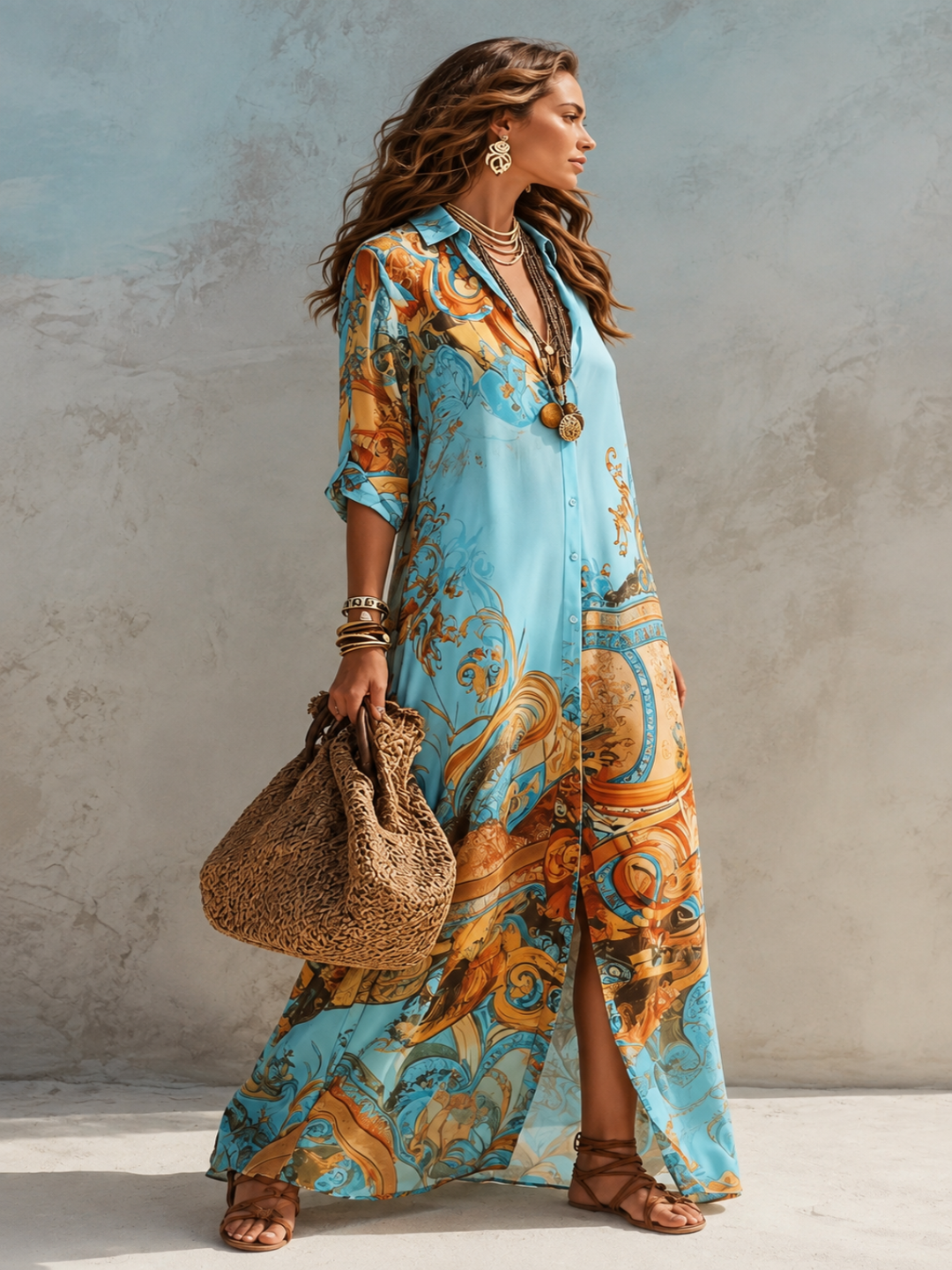 A woman stands in profile wearing a Villa Vibes Alanna flowing maxi dress with a turquoise blue base and an ornate gold and orange baroque-style print. She is holding a woven straw handbag against a textured light gray wall.