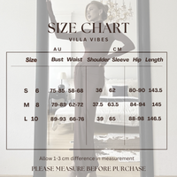 Villa VIbes Size chart for Allegra clothing with a model in the background, labeled 'Villa Vibes'.