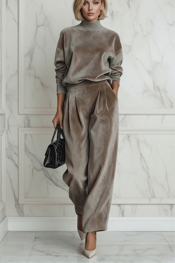 Woman wearing a Villa Vibes Aster mushroom velvet outfit with a marble wall background