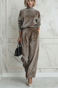 Woman wearing a Villa Vibes Aster mushroom velvet outfit with a marble wall background