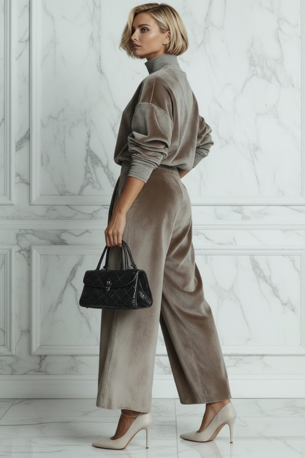 Woman in a Villa Vibes Aster stylish outfit holding a black handbag against a marble wall.
