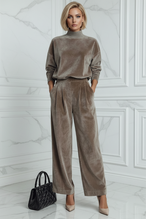 Woman wearing a Villa Vibes Aster brown velvet outfit with a black handbag against a white paneled wall.