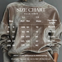 Size chart for a Villa Vibes Size Chart mushroom sweatshirt with measurements in AU and CM, labeled 'Villa Vibes'.