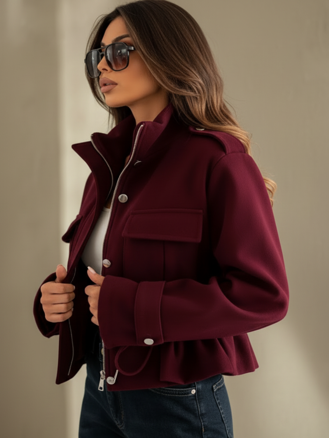 A woman wearing a Villa Vibes Blaise burgundy cropped jacket with silver-tone hardware, styled with dark blue jeans and sunglasses against a neutral beige background.