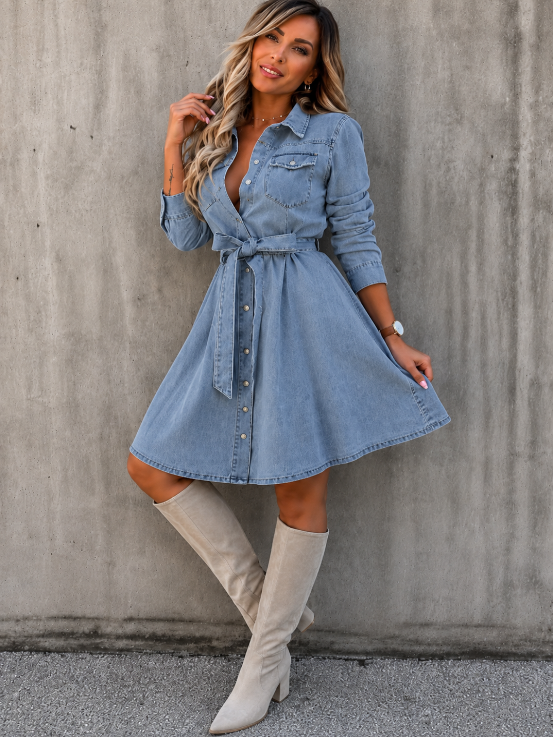A woman models a illa VIbes Blue Belle Chambray shirt dress with a tie waist and button front, paired with beige knee-high boots, posing against a textured concrete wall.