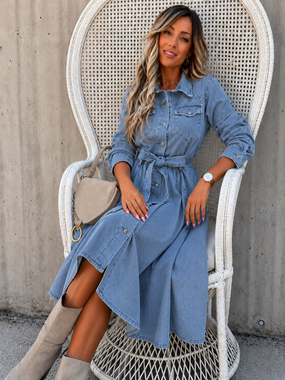 A woman wearing a Villa Vibes Blu Belle Chambray light blue shirt dress sits in a white wicker chair against a concrete wall. The dress has a button-up front, chest pockets, and a self-tie belt at the waist.