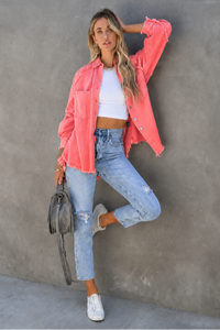 Model wearing Villa VIbes Brydie Pink Shirt and white sneakers