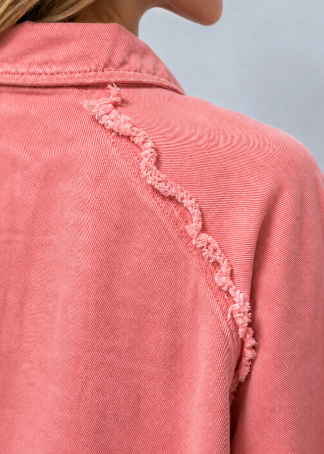 Model wearing Villa VIbes Brydie Pink Shirt showing frayed detail 