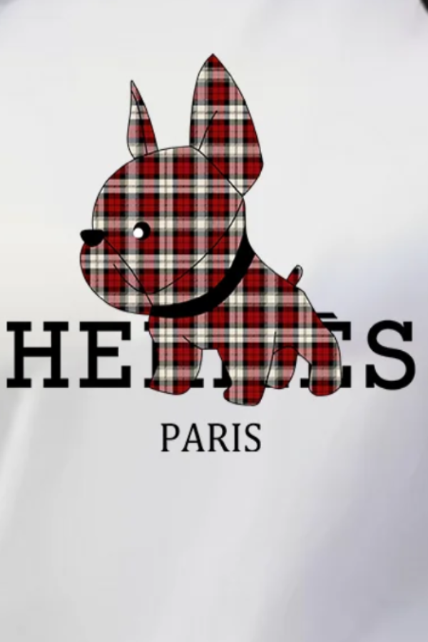 Villa Vibes Bulldog T Shirt Plaid dog design with 'HERMES PARIS' text on a white background