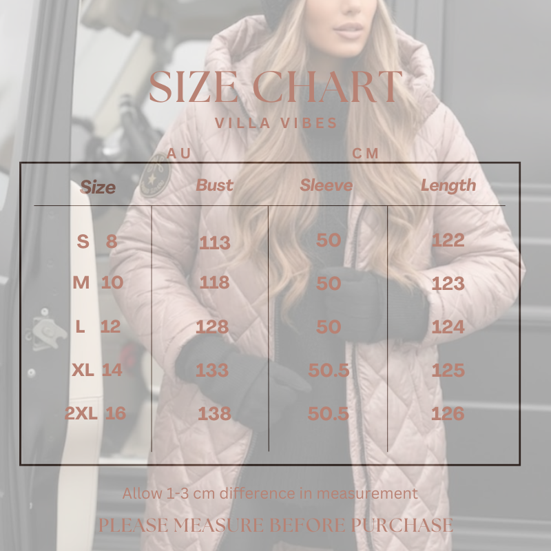 Villa Vibes Cameron Puffer Jacket Size chart overlay on a person wearing a coat with measurements in AU and CM.
