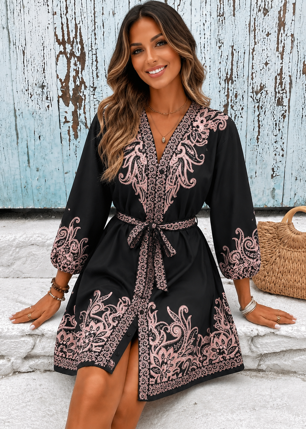 Woman wearing a Villa Vibes Cassandra black dress with pink embroidery sitting against a rustic wooden wall.