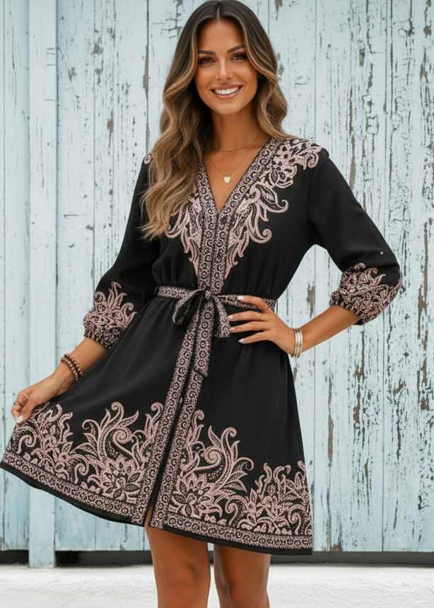 Women wearing a Villa Vibes Cassandra Black Print Dress