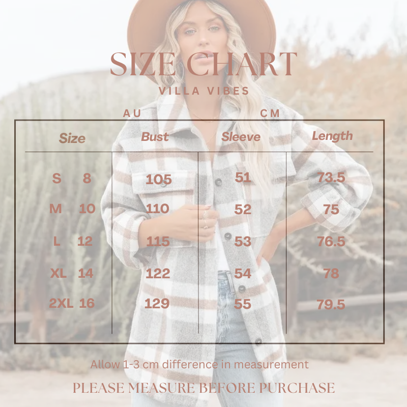 Size chart for a Villa VIbes Cassidy plaid shirt worn by a model  on a blurred background.
