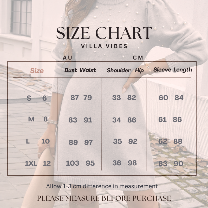 Size chart for a Villa Vibes Chelsea gray sweater dress with measurements in AU and CM, featuring 'Villa Vibes' branding.