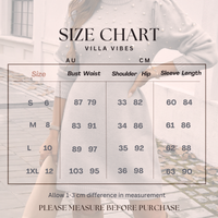 Size chart for a Villa Vibes Chelsea gray sweater dress with measurements in AU and CM, featuring 'Villa Vibes' branding.