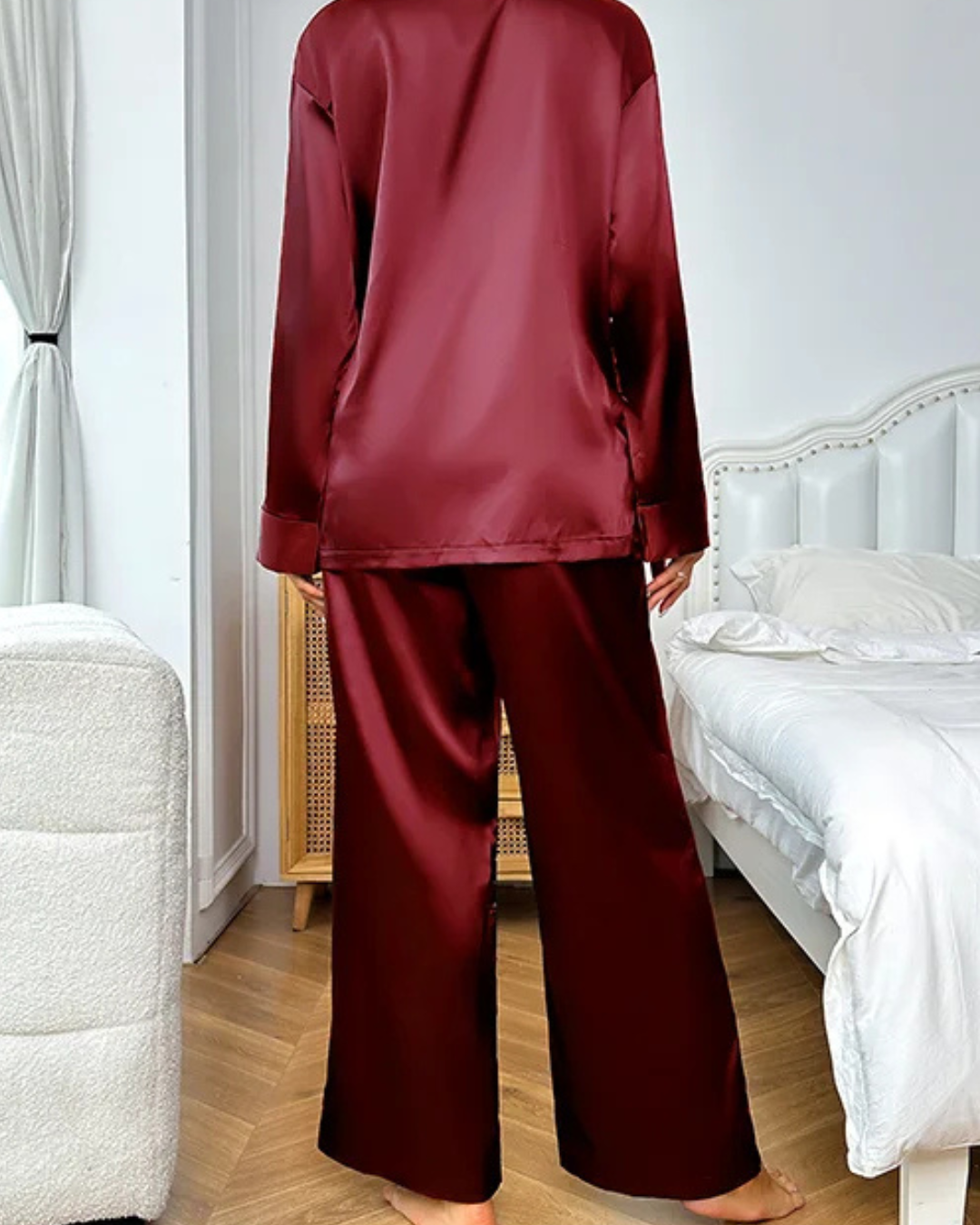 Villa Vibes Cloud Nine Burgundy Silky PJ Set Back View of Model