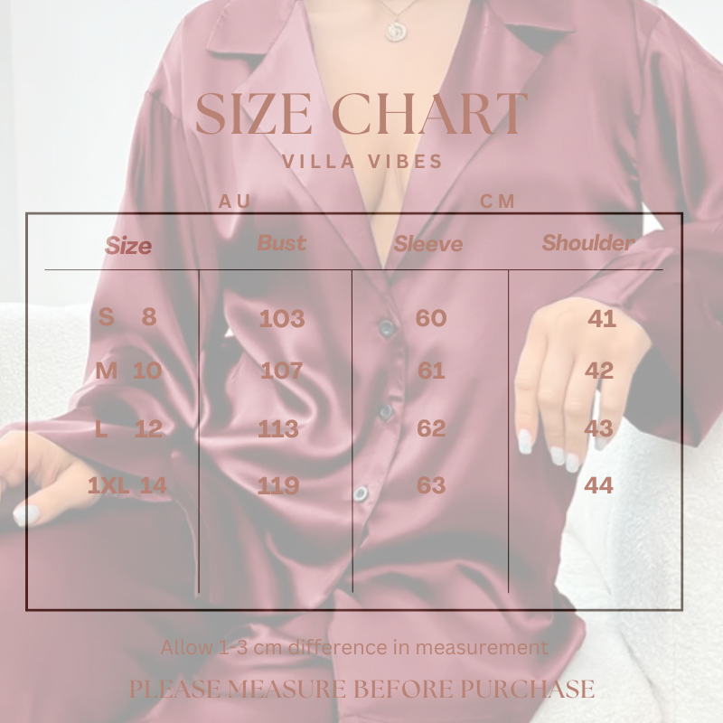 Villa Vibes Cloud Nine Burgundy Silky PJ Set Size Chart