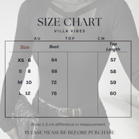 Size chart for 'Villa Vibes' Dahlia top with measurements in AU, Top, and CM.