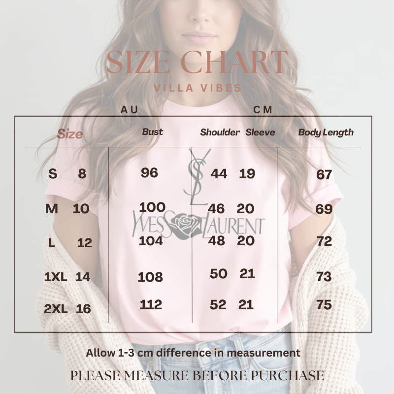 A size chart graphic for Villa Vibes Designer Inspired, showing a size table with measurements in AU and CM for bust, shoulder, sleeve, and body length. The background features a faded image of a woman wearing a pink Yves Saint Laurent t-shirt and a white knit cardigan.