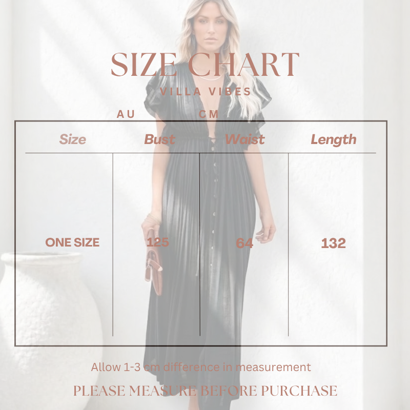 A size chart graphic for the 'Villa Vibes' Holly dress, showing a faded model wearing the dark pleated midi dress behind a measurement table with bust, waist, and length measurements in centimeters.