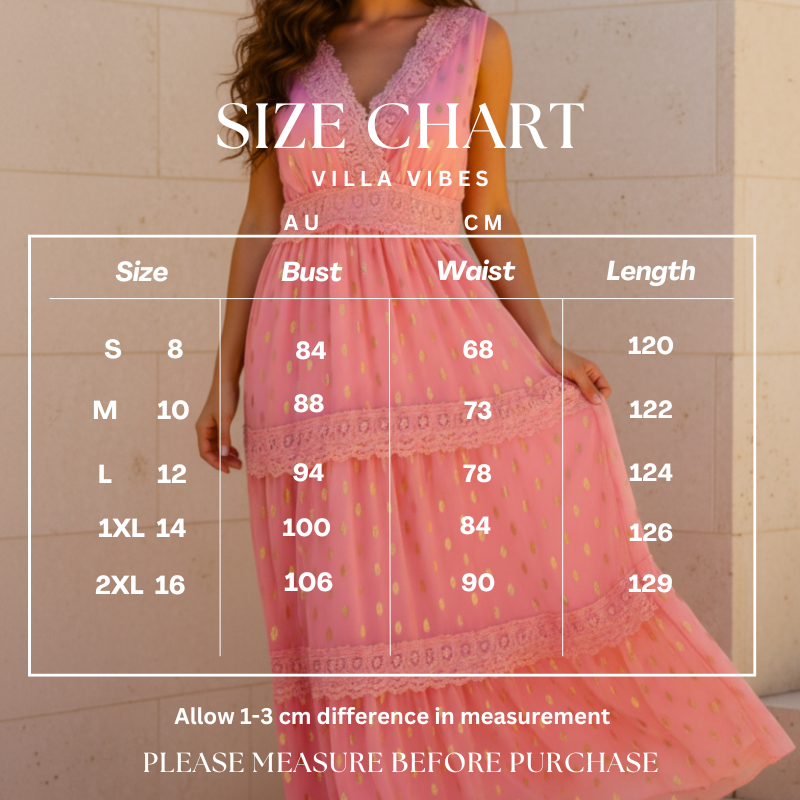 Villa Vibes Indra Coral Peach dress with size chart overlay on a plain background