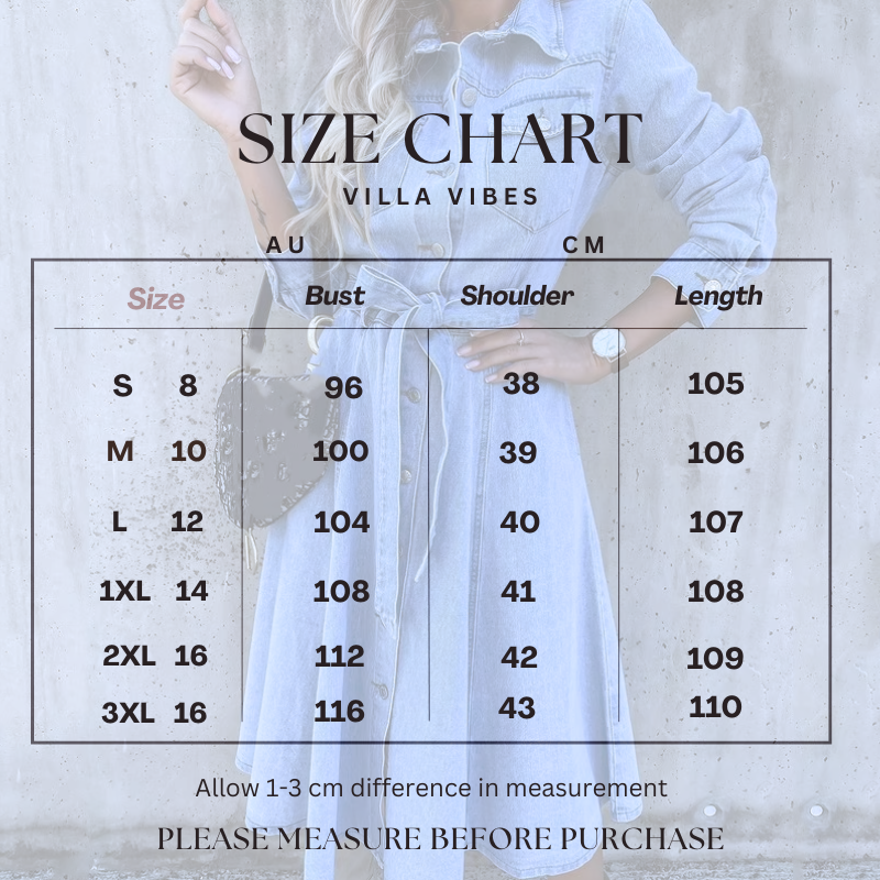 A size chart graphic for Villa Vibes clothing, showing a faint model in a light blue dress behind a measurement table with bust, shoulder, and length measurements in centimeters and centimeters.