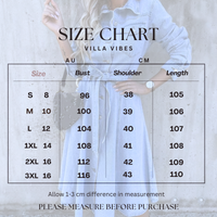 A size chart graphic for Villa Vibes clothing, showing a faint model in a light blue dress behind a measurement table with bust, shoulder, and length measurements in centimeters and centimeters.