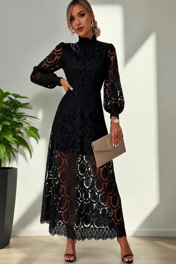 Woman wearing a Villa Vibes black lace dress holding a clutch in a minimalistic setting.