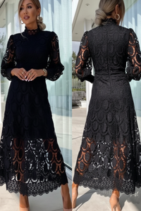 Villa Vibes Jasmine Black lace dress shown from front and back with a woman wearing it.