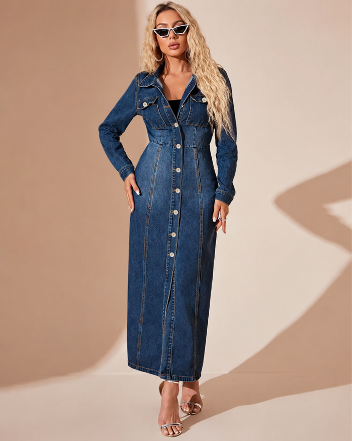 Woman wearing Villa Vibes Jordie Denim dress against a beige background
