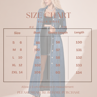 Size chart for a Villa Vibes Jordie denim dress with measurements displayed.
